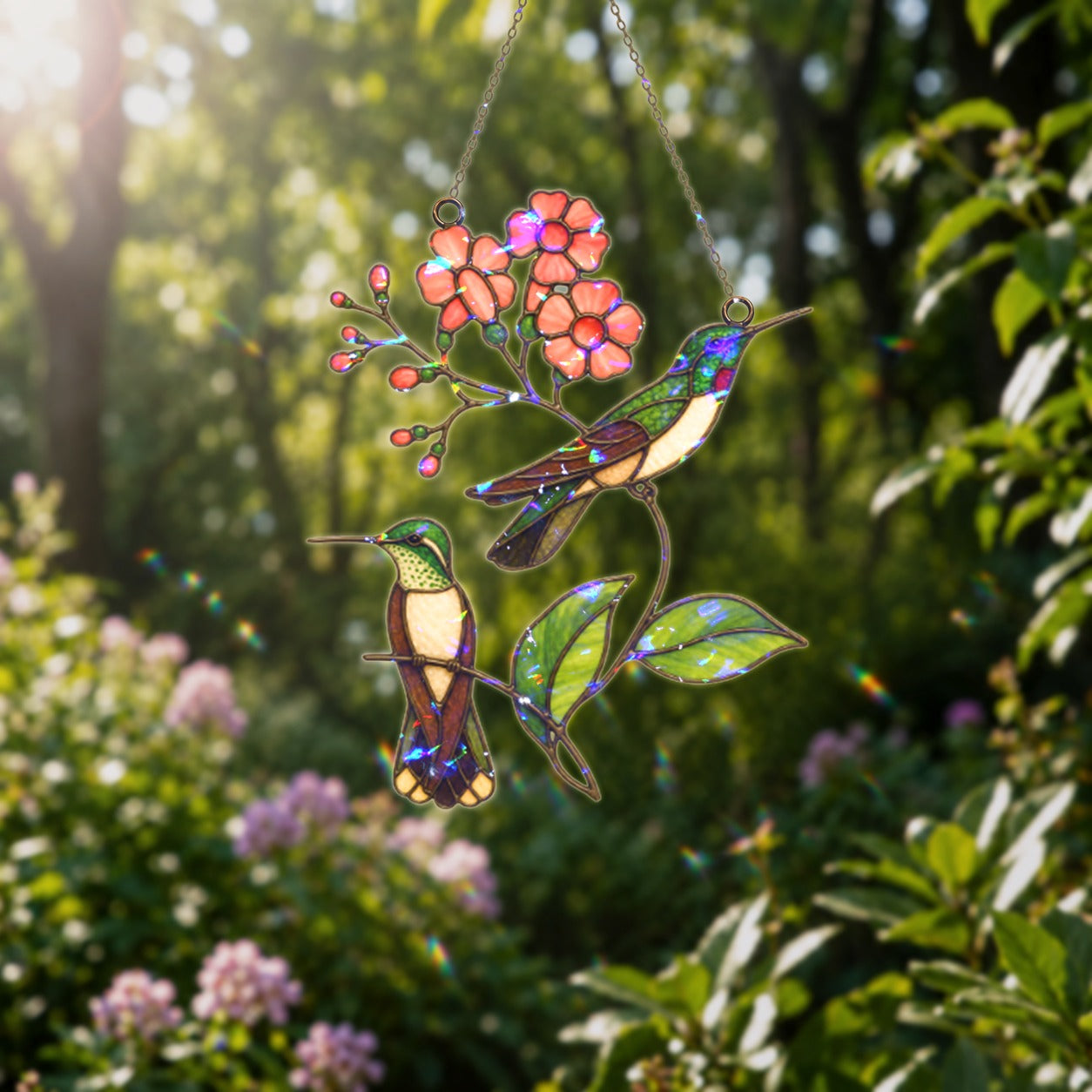 Stained glass style suncatcher with two hummingbirds on a pink blossom branch, hanging in a sunlit window with rainbow light