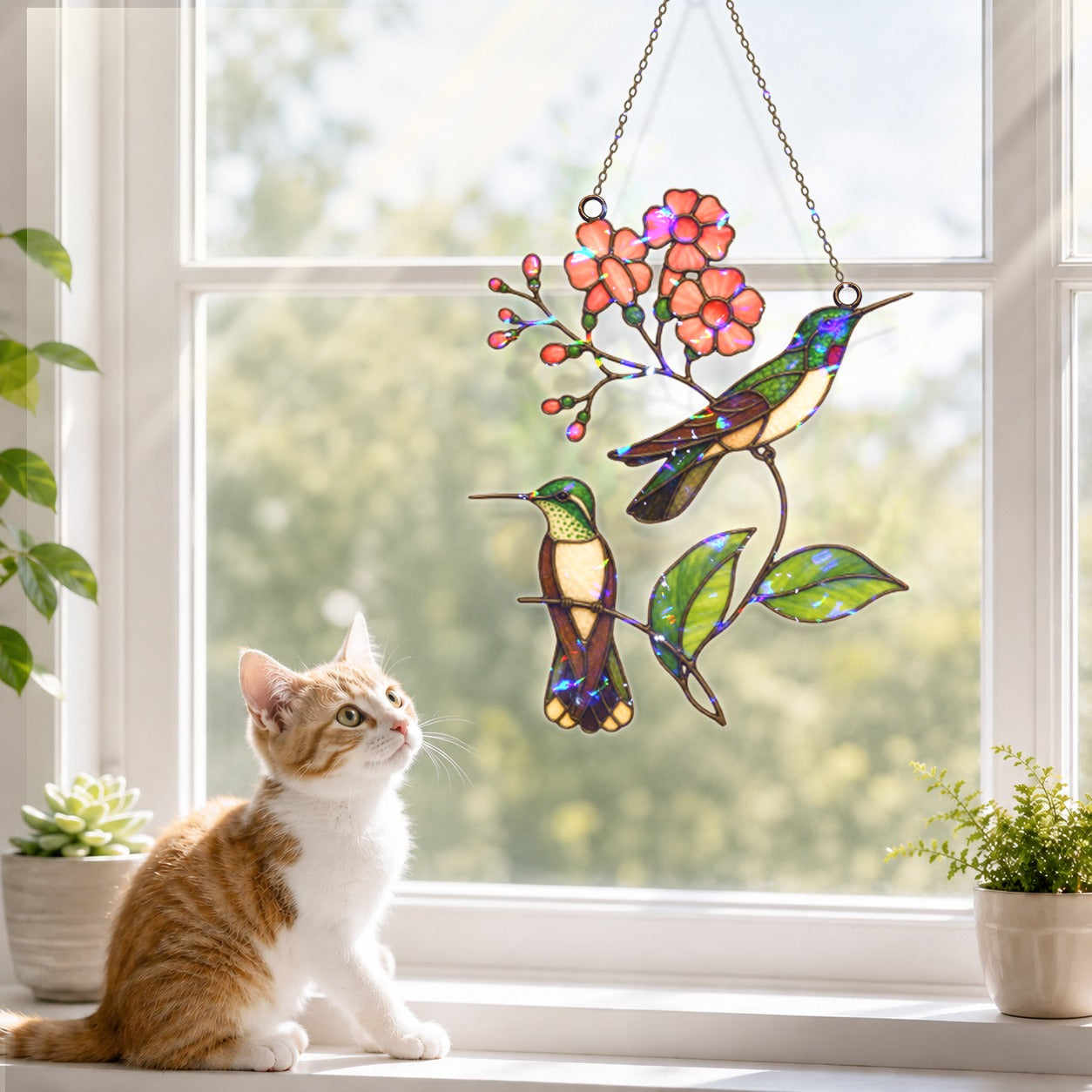 Hummingbird Pair & Pink Blossom Branch Holographic Acrylic Suncatcher
