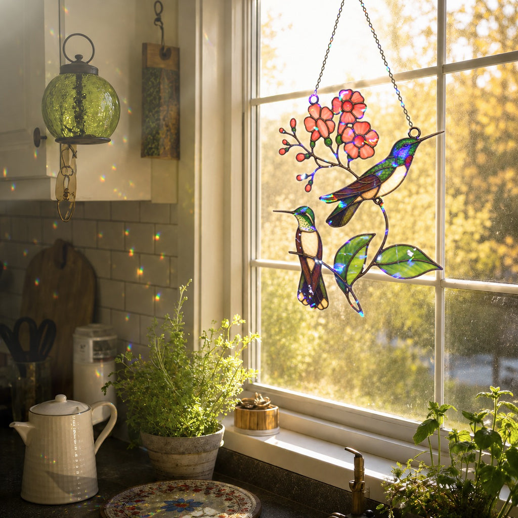 Hummingbird Pair & Pink Blossom Branch Holographic Acrylic Suncatcher