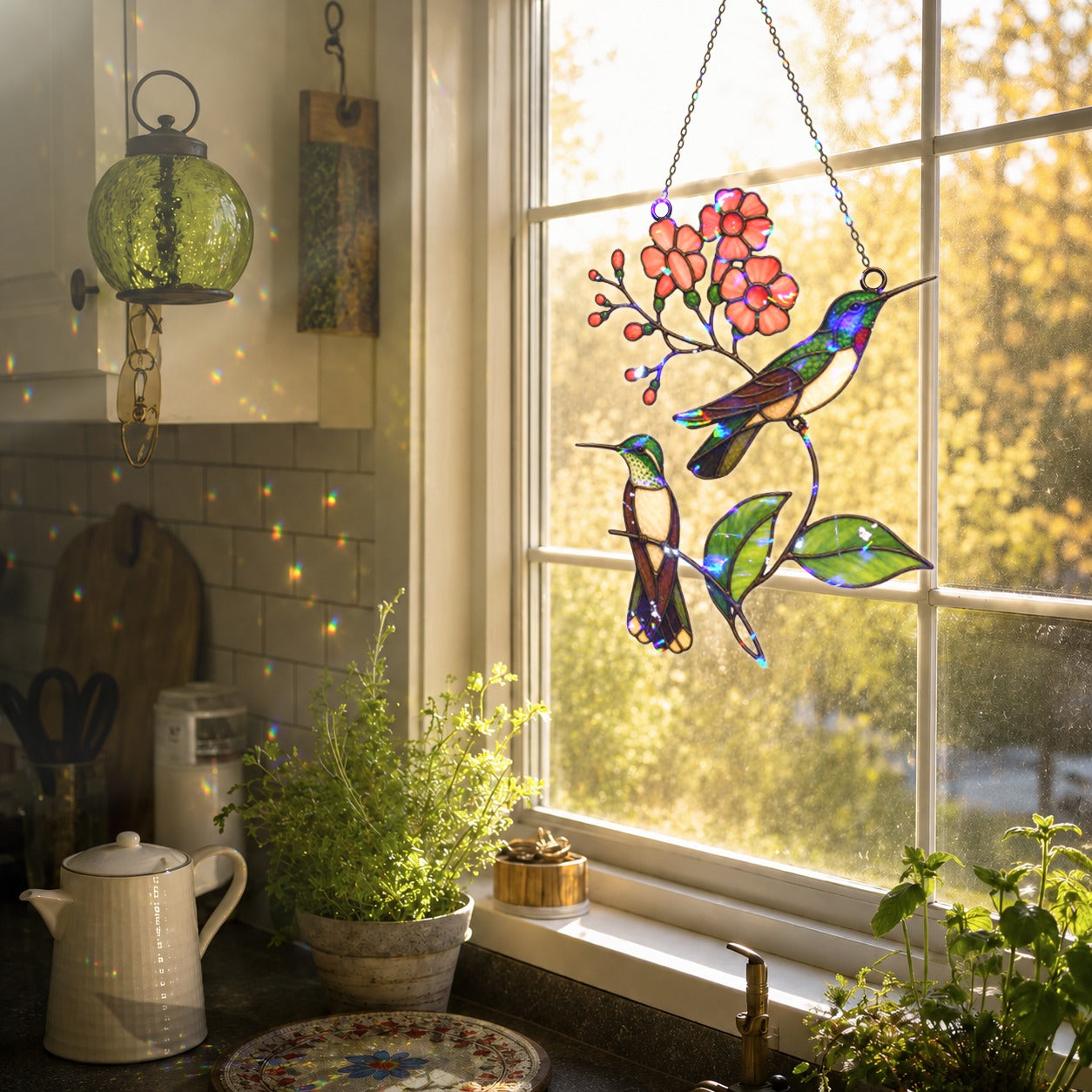 Hummingbird Pair & Pink Blossom Branch Holographic Acrylic Suncatcher
