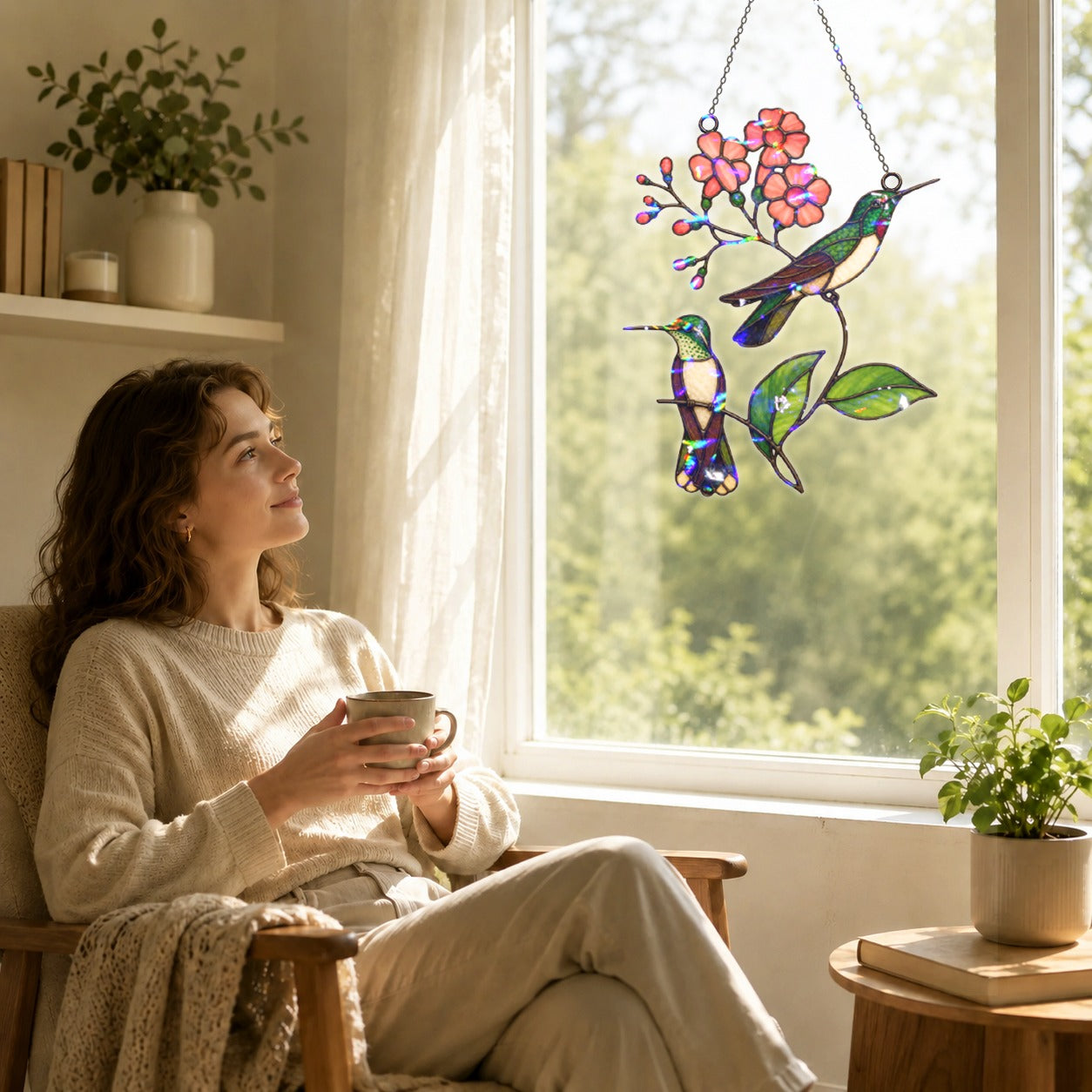 Hummingbird Pair & Pink Blossom Branch Holographic Acrylic Suncatcher