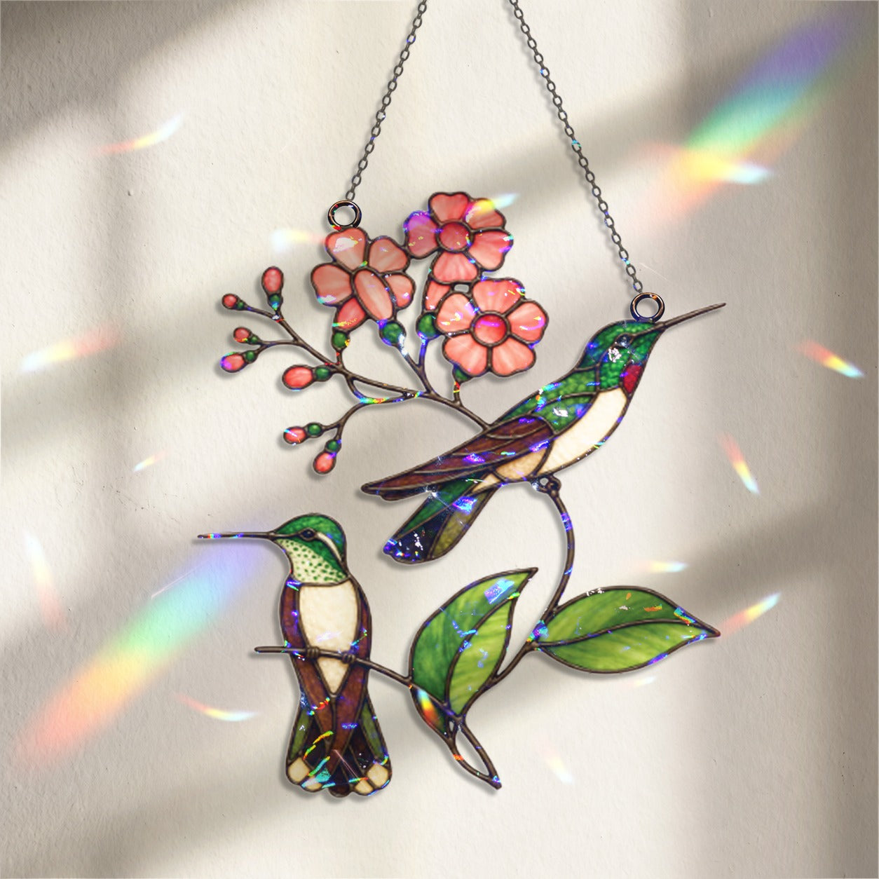 Hummingbird Pair & Pink Blossom Branch Holographic Acrylic Suncatcher