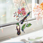 Hummingbird Pair & Pink Blossom Branch Holographic Acrylic Suncatcher