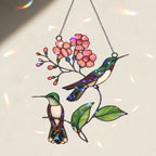 Hummingbird Pair & Pink Blossom Branch Holographic Acrylic Suncatcher