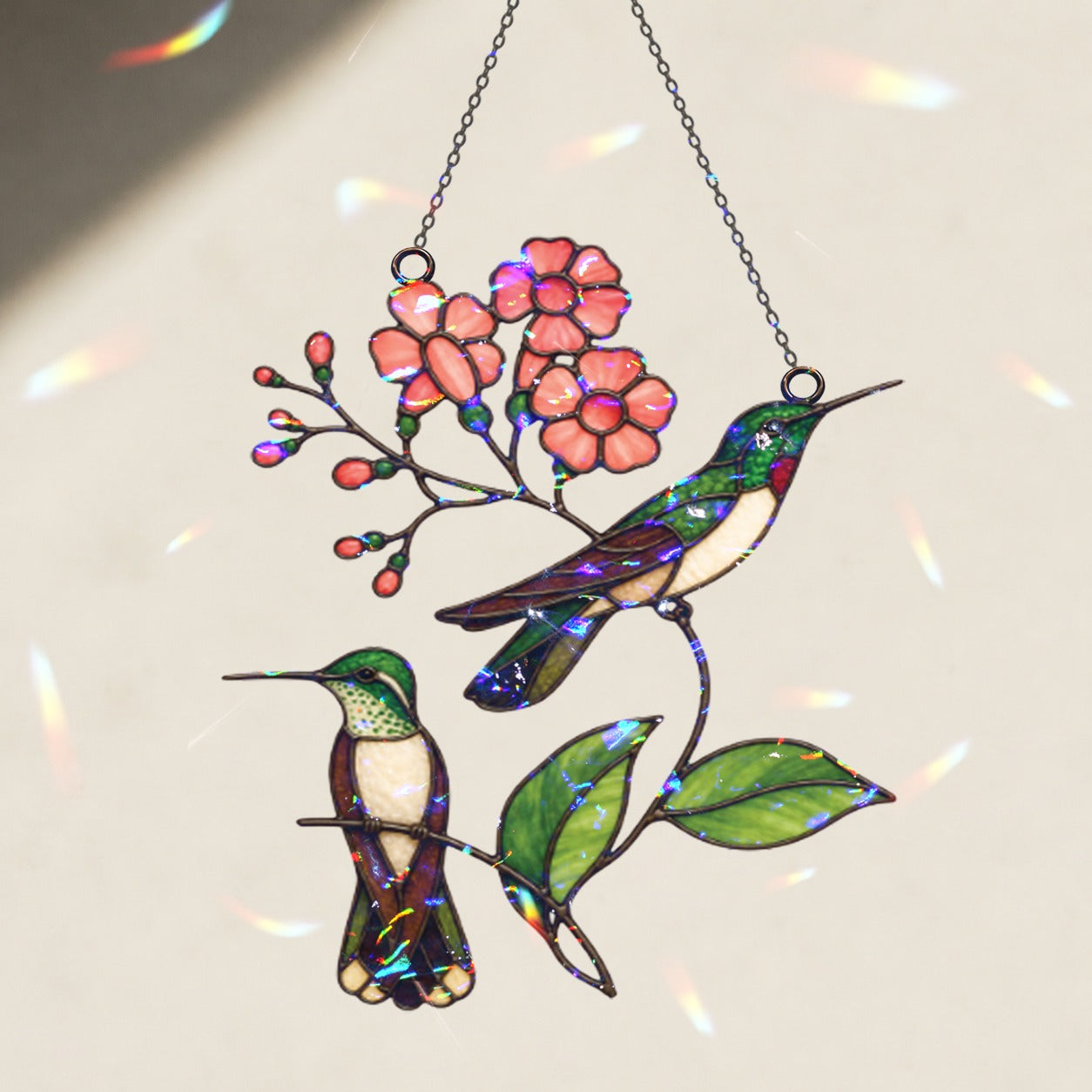 Hummingbird Pair & Pink Blossom Branch Holographic Acrylic Suncatcher