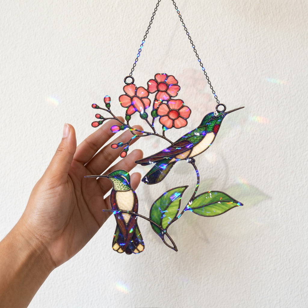 Hummingbird Pair & Pink Blossom Branch Holographic Acrylic Suncatcher