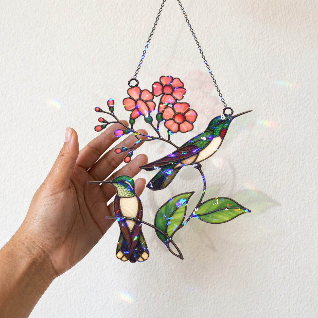 Hummingbird Pair & Pink Blossom Branch Holographic Acrylic Suncatcher