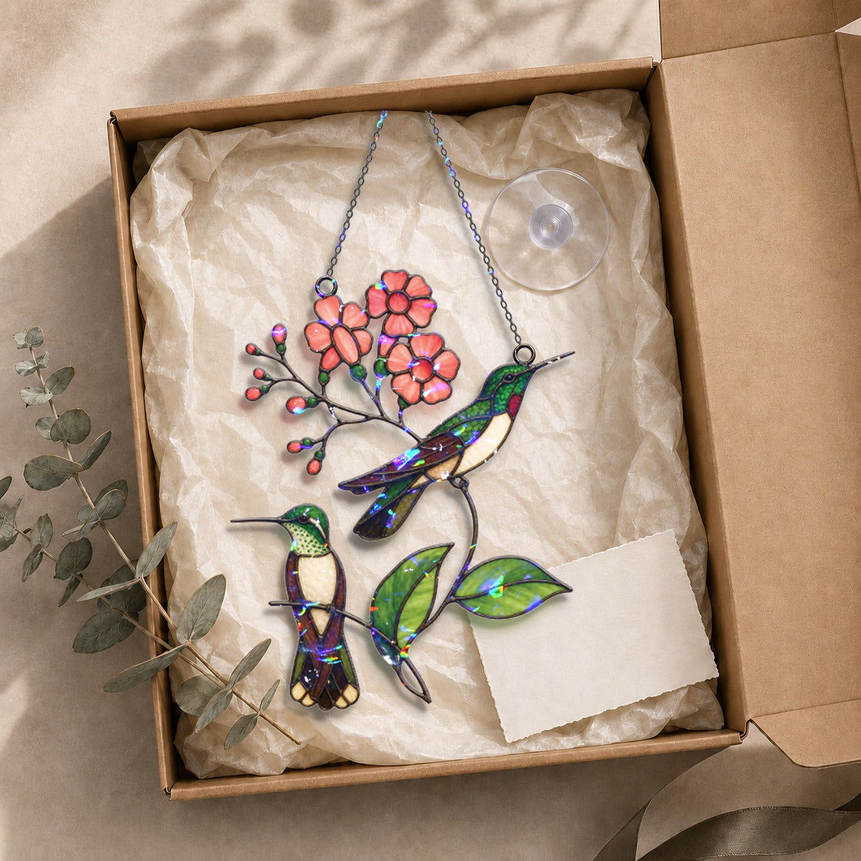Hummingbird Pair & Pink Blossom Branch Holographic Acrylic Suncatcher