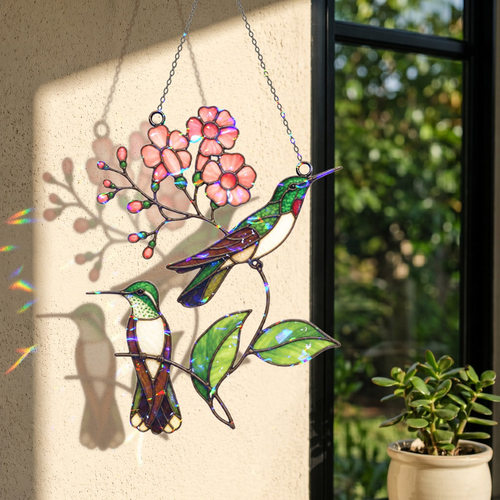 Hummingbird Pair & Pink Blossom Branch Holographic Acrylic Suncatcher