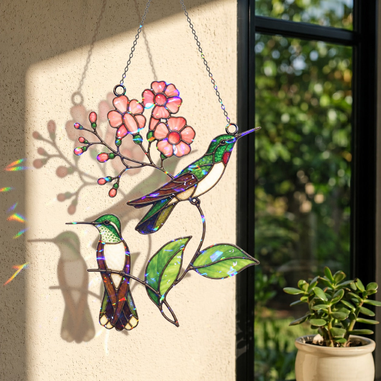 Hummingbird Pair & Pink Blossom Branch Holographic Acrylic Suncatcher