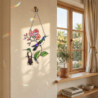 Hummingbird Pair & Pink Blossom Branch Holographic Acrylic Suncatcher