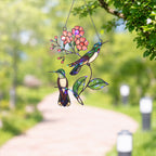 Hummingbird Pair & Pink Blossom Branch Holographic Acrylic Suncatcher