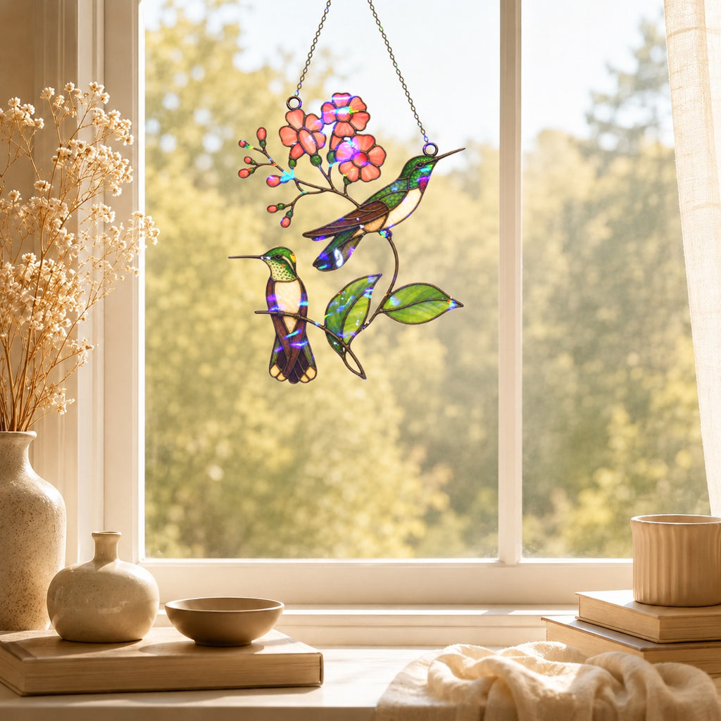 Hummingbird Pair & Pink Blossom Branch Holographic Acrylic Suncatcher
