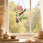 Hummingbird Pair & Pink Blossom Branch Holographic Acrylic Suncatcher