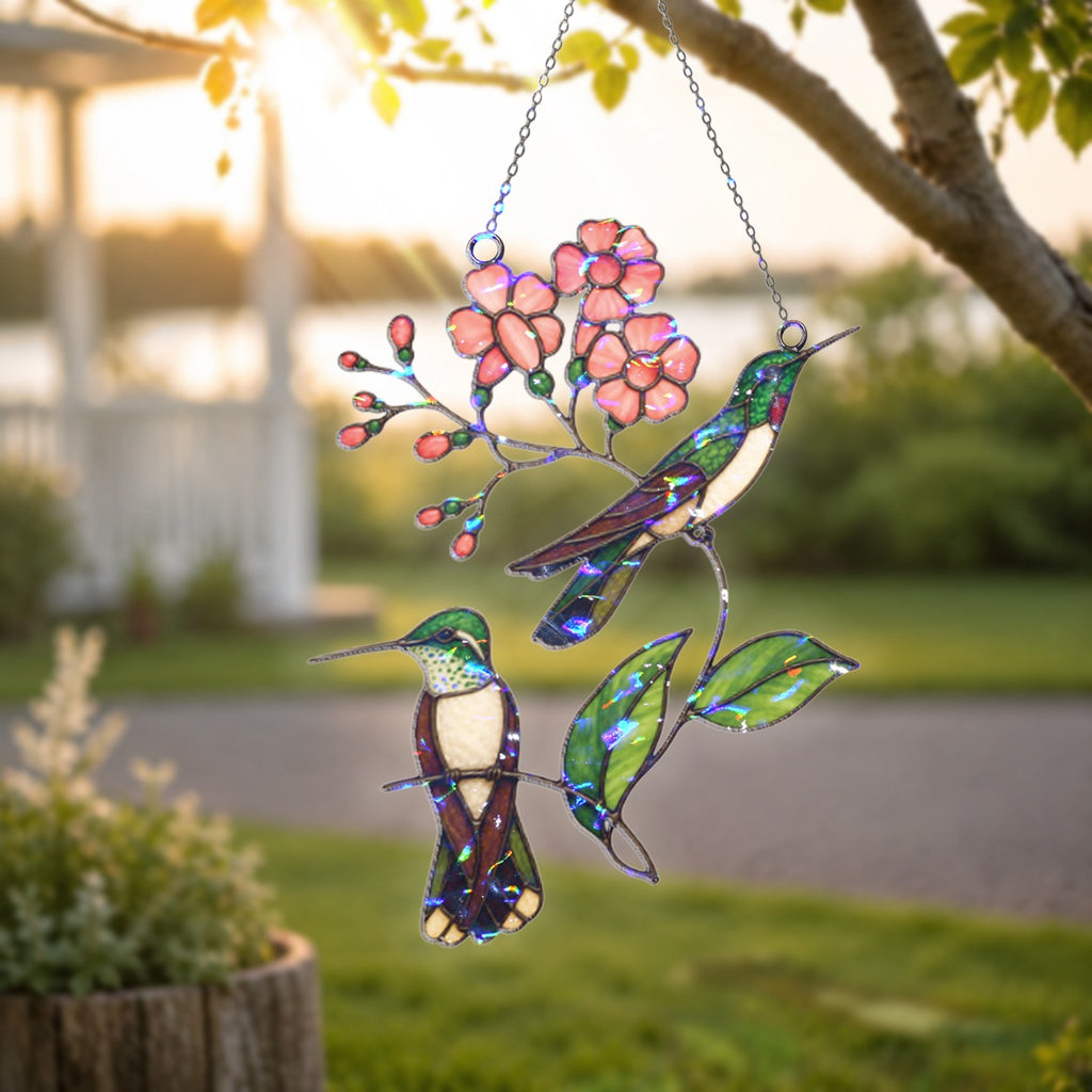 Hummingbird Pair & Pink Blossom Branch Holographic Acrylic Suncatcher