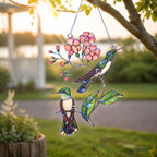 Hummingbird Pair & Pink Blossom Branch Holographic Acrylic Suncatcher