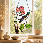 Hummingbird Pair & Pink Blossom Branch Holographic Acrylic Suncatcher