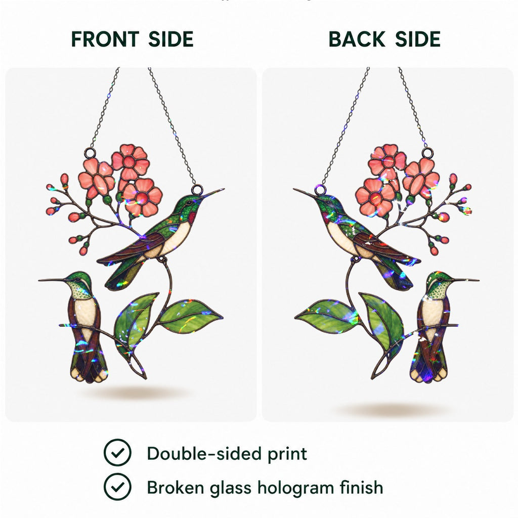 Hummingbird Pair & Pink Blossom Branch Holographic Acrylic Suncatcher