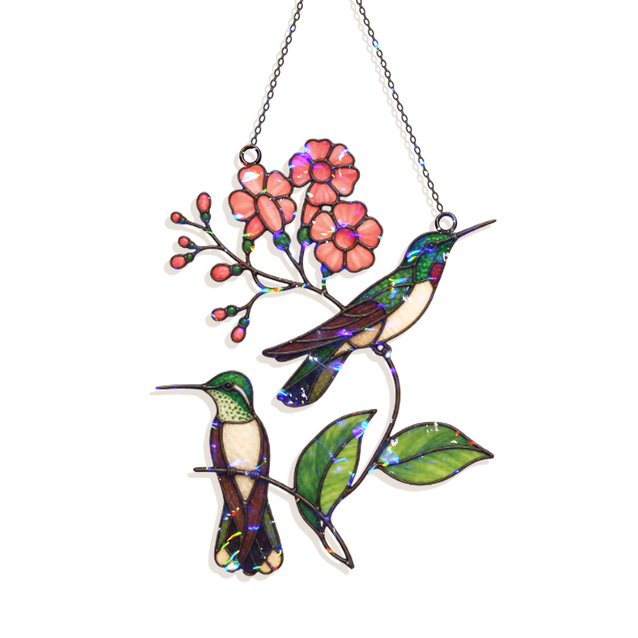 Hummingbird Pair & Pink Blossom Branch Holographic Acrylic Suncatcher