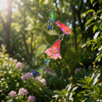 Stained glass style suncatcher with two hummingbirds on a red trumpet flower vine, hanging in a sunlit window with rainbow light