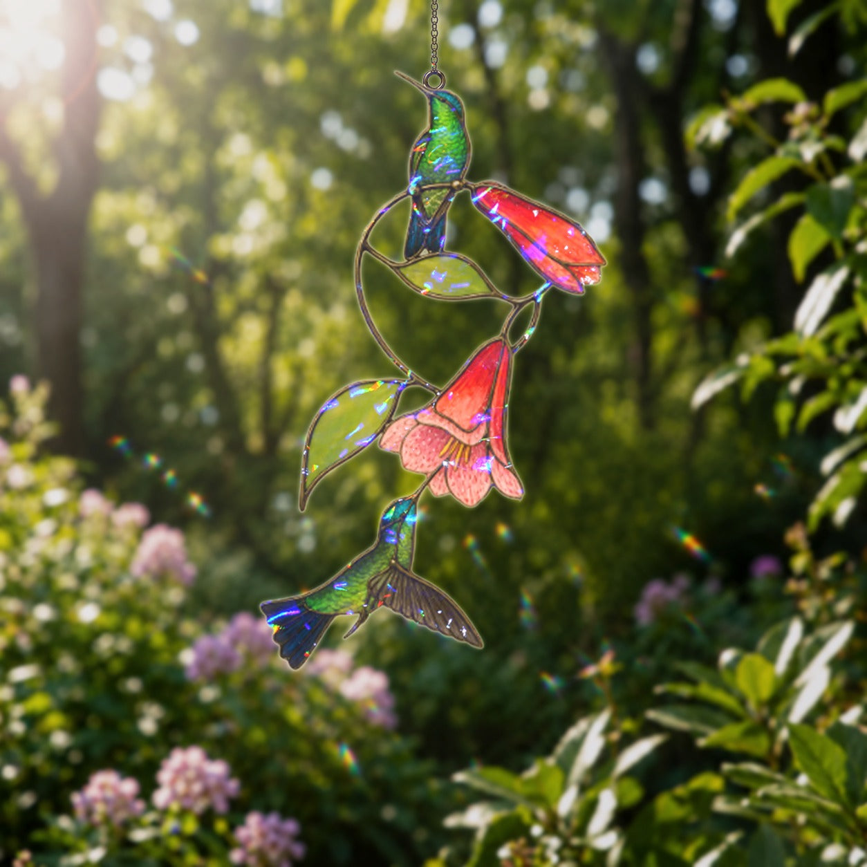Stained glass style suncatcher with two hummingbirds on a red trumpet flower vine, hanging in a sunlit window with rainbow light