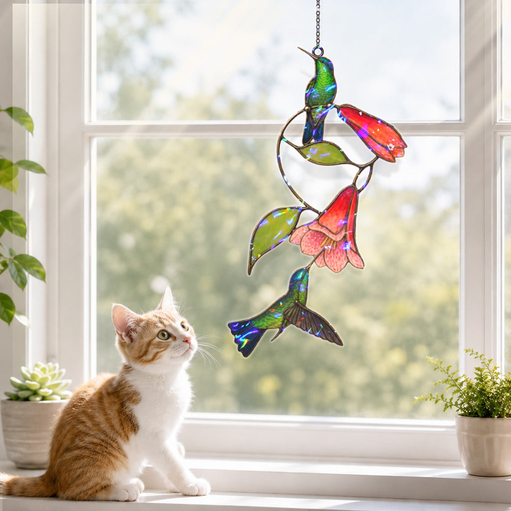 Hummingbird Pair & Red Trumpet Vine Holographic Acrylic Suncatcher