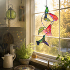 Hummingbird Pair & Red Trumpet Vine Holographic Acrylic Suncatcher