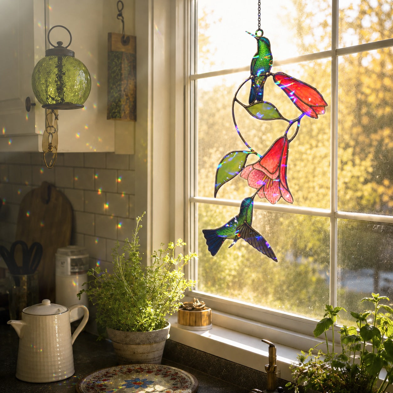 Hummingbird Pair & Red Trumpet Vine Holographic Acrylic Suncatcher