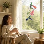 Hummingbird Pair & Red Trumpet Vine Holographic Acrylic Suncatcher