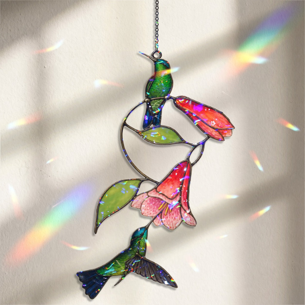 Hummingbird Pair & Red Trumpet Vine Holographic Acrylic Suncatcher