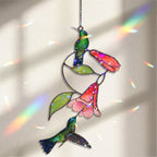 Hummingbird Pair & Red Trumpet Vine Holographic Acrylic Suncatcher