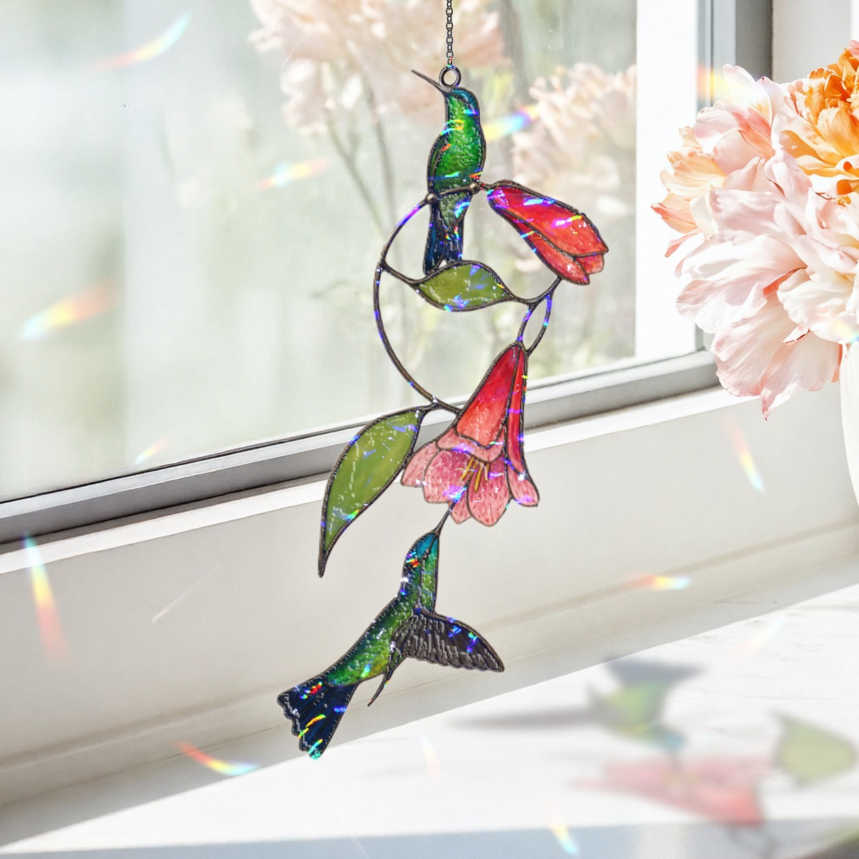 Hummingbird Pair & Red Trumpet Vine Holographic Acrylic Suncatcher