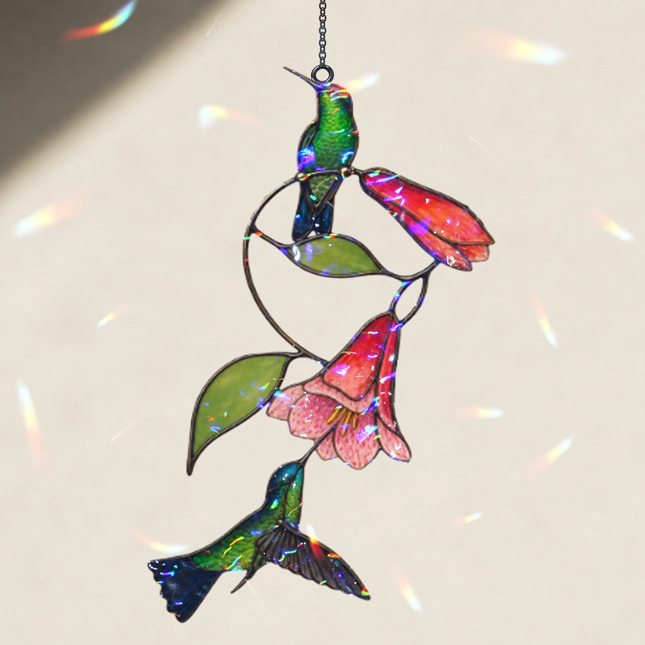 Hummingbird Pair & Red Trumpet Vine Holographic Acrylic Suncatcher