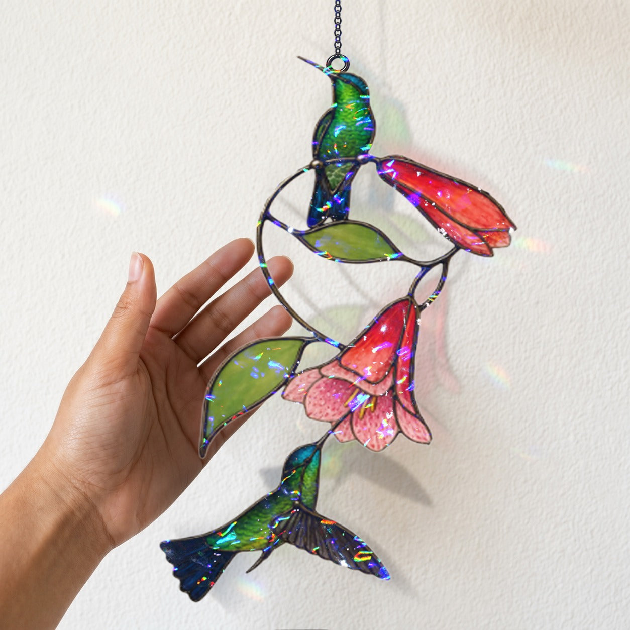 Hummingbird Pair & Red Trumpet Vine Holographic Acrylic Suncatcher