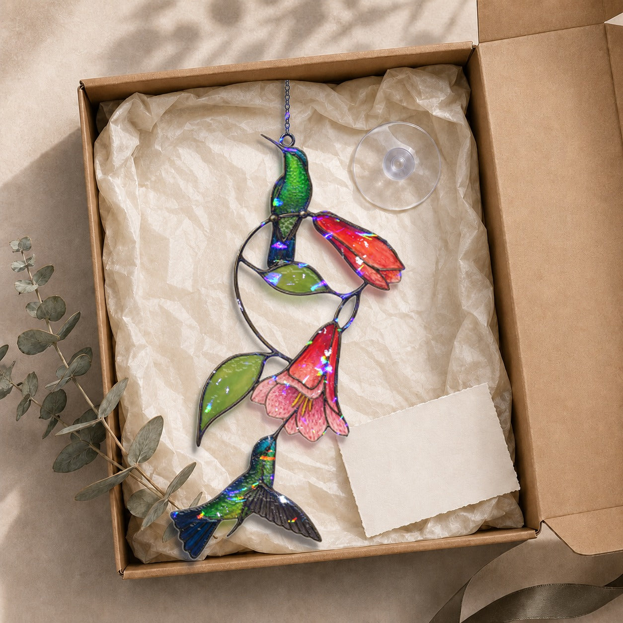 Hummingbird Pair & Red Trumpet Vine Holographic Acrylic Suncatcher