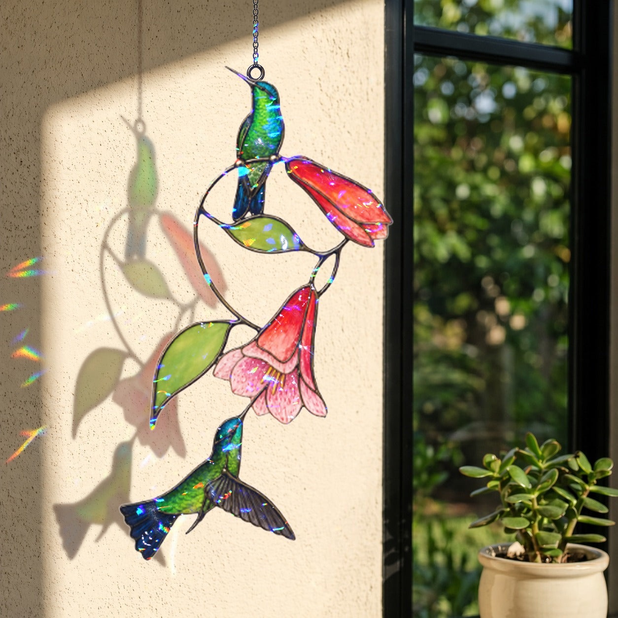 Hummingbird Pair & Red Trumpet Vine Holographic Acrylic Suncatcher