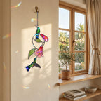 Hummingbird Pair & Red Trumpet Vine Holographic Acrylic Suncatcher