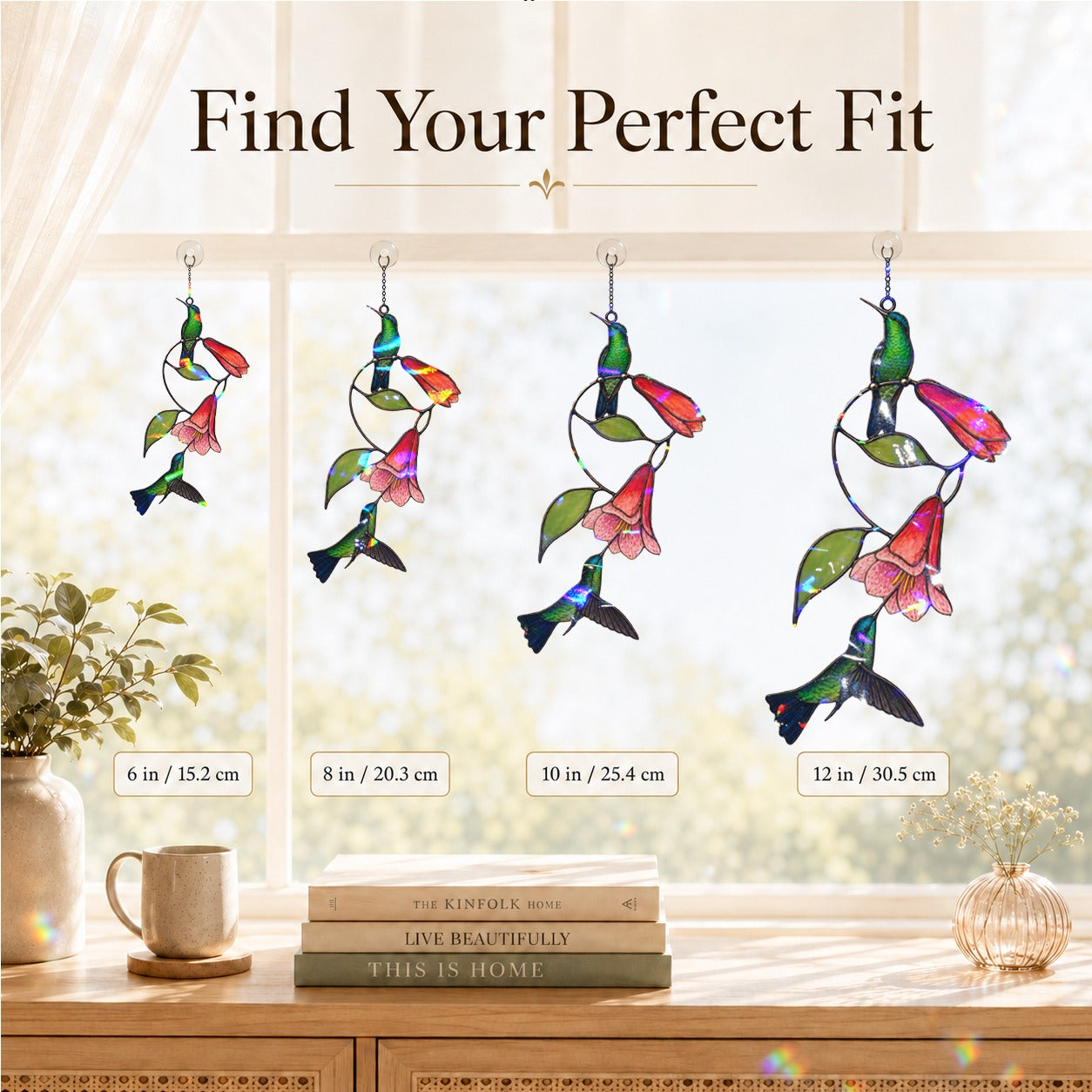 Hummingbird Pair & Red Trumpet Vine Holographic Acrylic Suncatcher