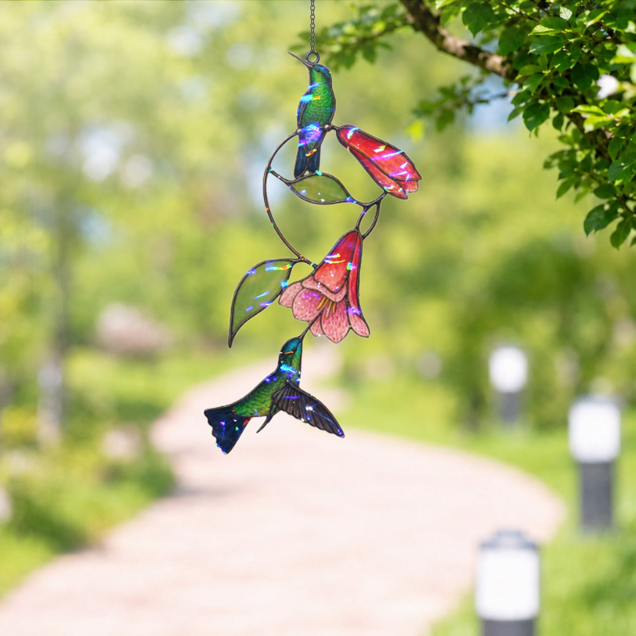 Hummingbird Pair & Red Trumpet Vine Holographic Acrylic Suncatcher