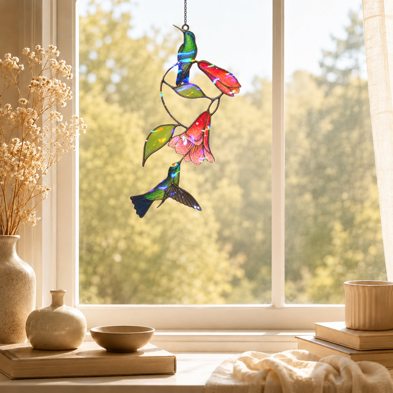 Hummingbird Pair & Red Trumpet Vine Holographic Acrylic Suncatcher