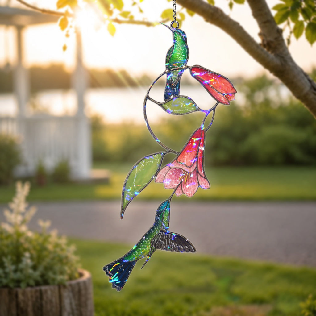 Hummingbird Pair & Red Trumpet Vine Holographic Acrylic Suncatcher