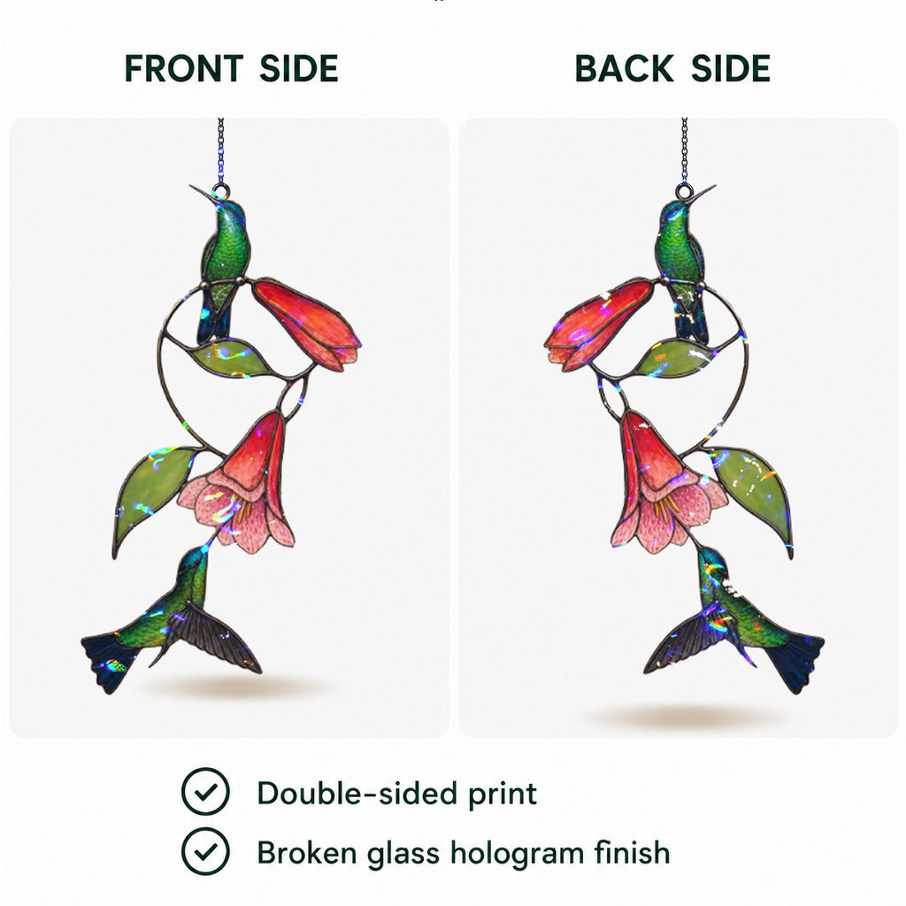 Hummingbird Pair & Red Trumpet Vine Holographic Acrylic Suncatcher