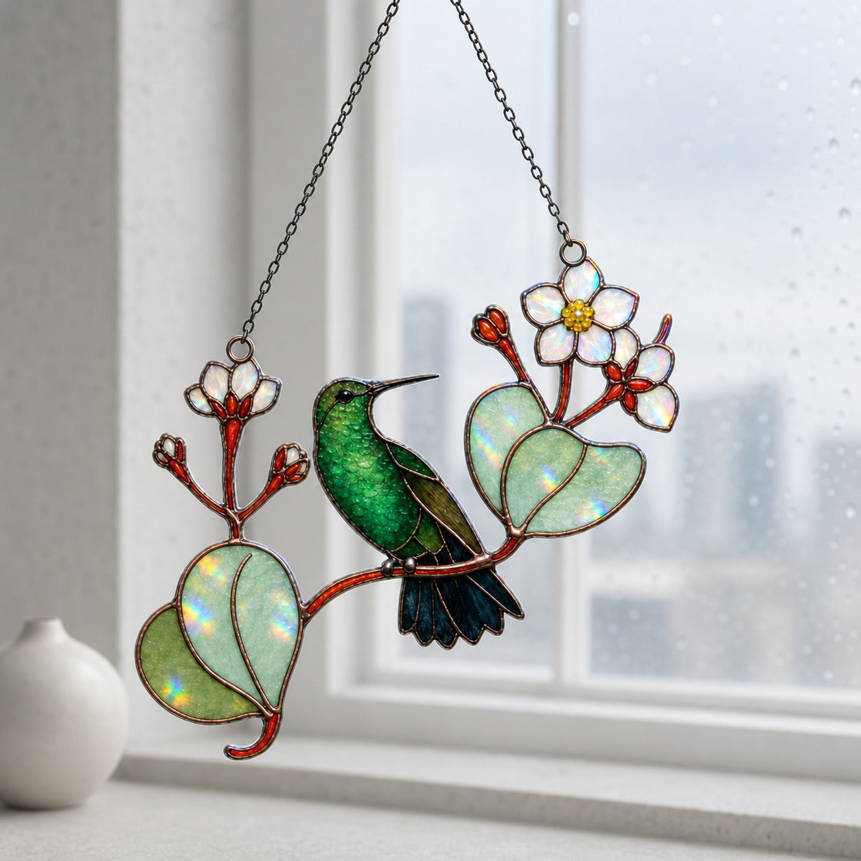 Stained glass style suncatcher with a green hummingbird on a white blossom branch, hanging in a sunlit window with rainbow light