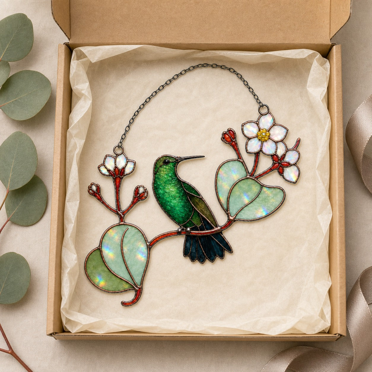 Hummingbird & White Blossom Branch Holographic Acrylic Suncatcher