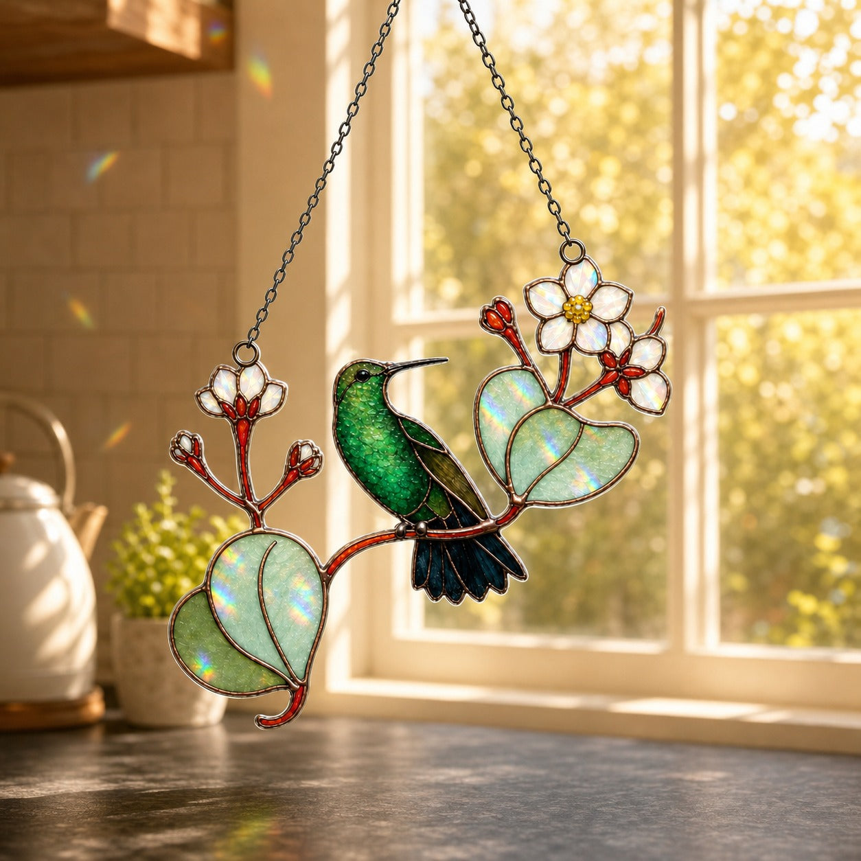 Hummingbird & White Blossom Branch Holographic Acrylic Suncatcher