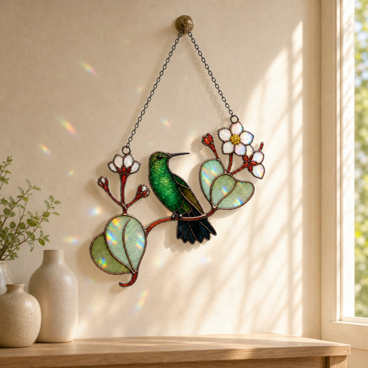 Hummingbird & White Blossom Branch Holographic Acrylic Suncatcher