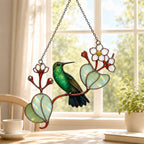 Hummingbird & White Blossom Branch Holographic Acrylic Suncatcher