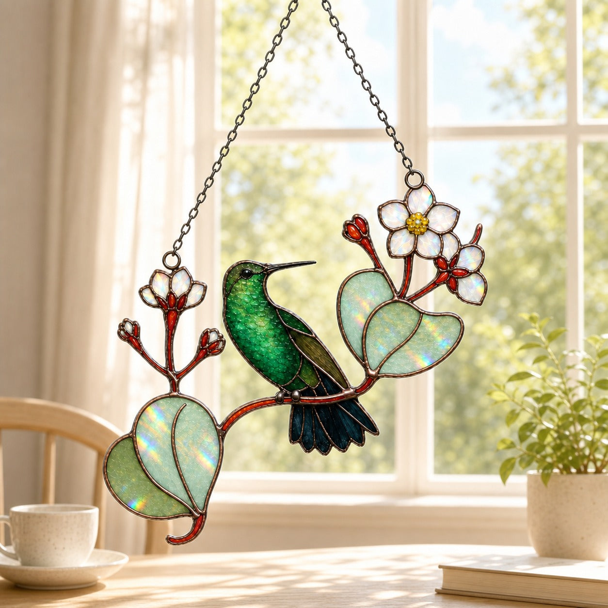 Hummingbird & White Blossom Branch Holographic Acrylic Suncatcher