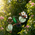 Hummingbird & White Blossom Branch Holographic Acrylic Suncatcher