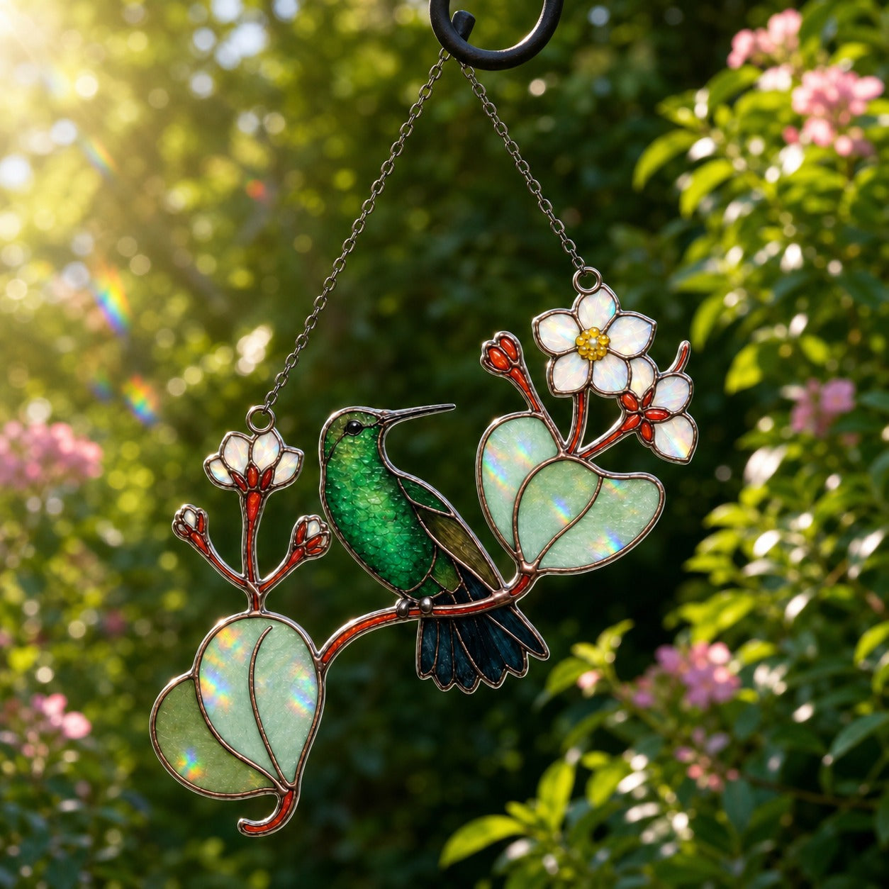 Hummingbird & White Blossom Branch Holographic Acrylic Suncatcher